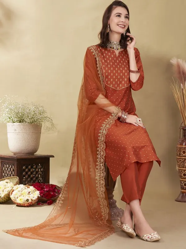 Rust_Orange_Cotton_Embroidered_Kurta_Set_With_Dupatta_For_Women
