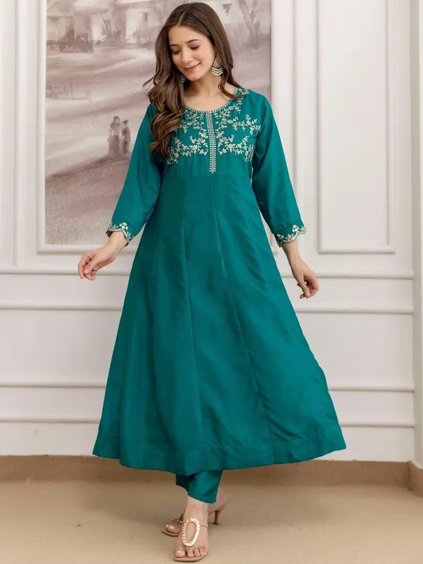 Teal_Cotton_Embroidered_Anarkali_Suit_Set_For_Women