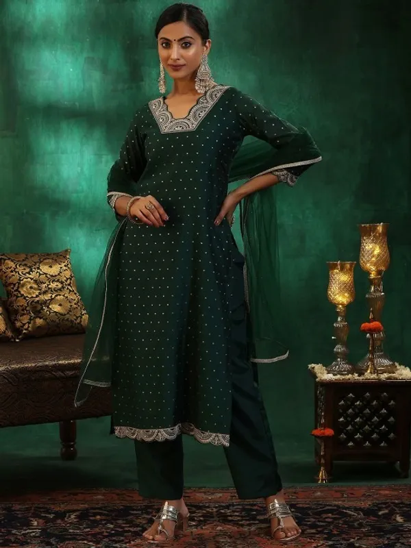 Dark_Green_Cotton_Sequin_Embellished_Kurta_Set_For_Women