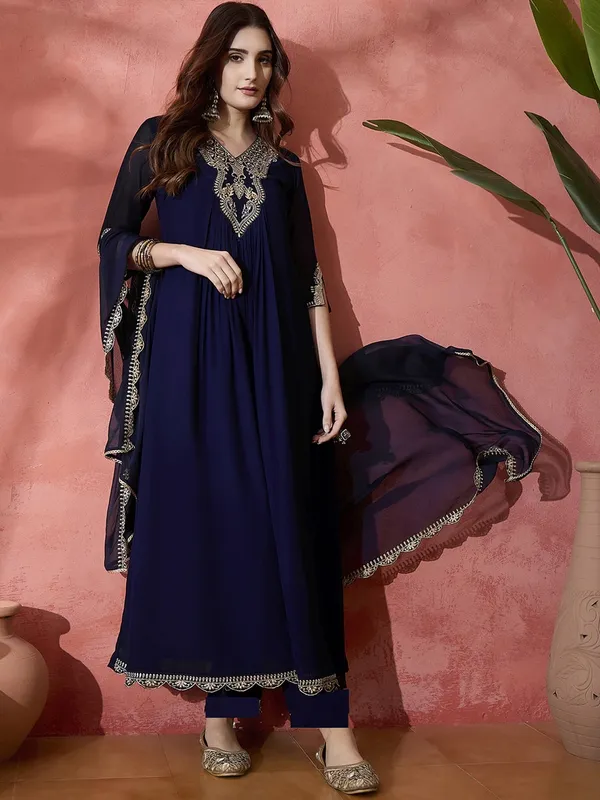 Navy_Blue_Cotton_Embroidered_Kurta_Set_For_Women