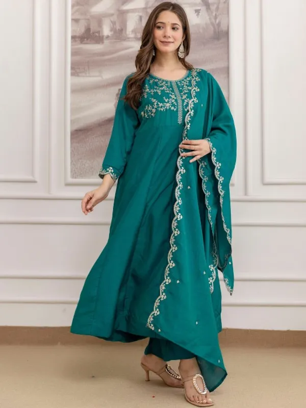 Teal_Cotton_Embroidered_Anarkali_Suit_Set_For_Women