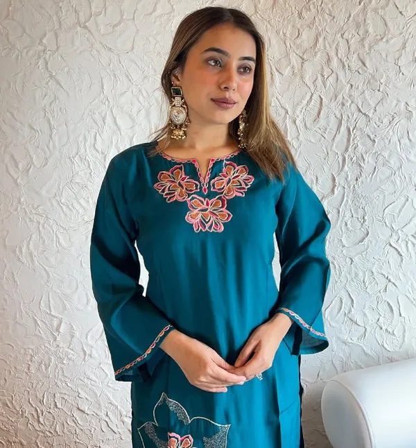 Teal_Blue_Cotton_Embroidered_Kurta_Set_For_Women