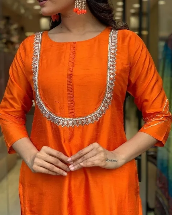 Orange_Cotton_Embroidered_Kurta_Set_For_Women
