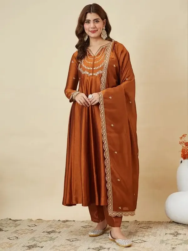 Rust_Orange_Cotton_Embroidered_Anarkali_Kurta_Set_For_Women