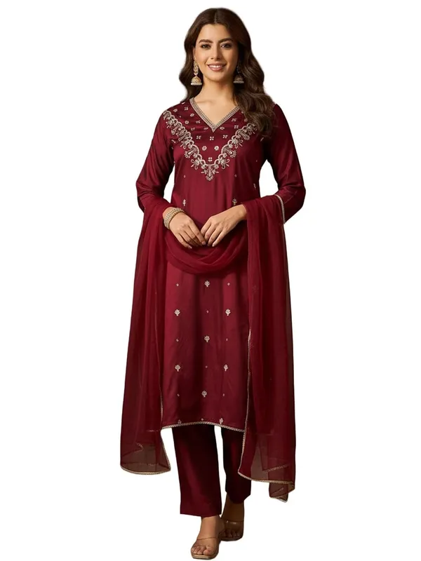Maroon_Cotton_Embroidered_Kurta_Set_With_Dupatta_For_Women