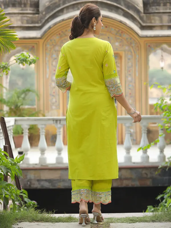 Lime_Green_Cotton_Straight_Kurta_Set_For_Women