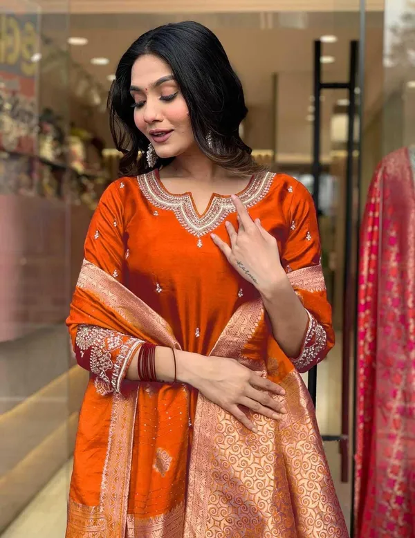 Orange_Cotton_Embellished_Kurta_Set_For_Women