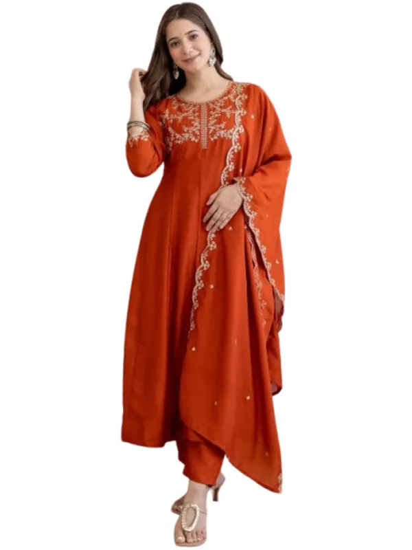 Orange_Cotton_Embroidered_Anarkali_Kurta_Set_For_Women