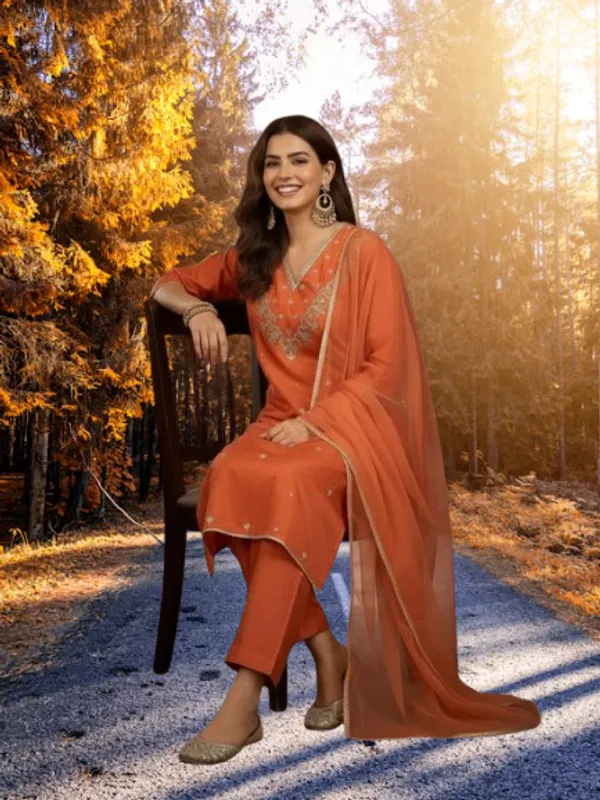 Orange_Cotton_Embroidered_Kurta_Set_For_Women