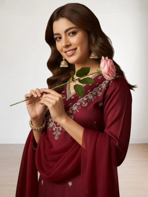 Maroon_Cotton_Embroidered_Kurta_Set_With_Dupatta_For_Women