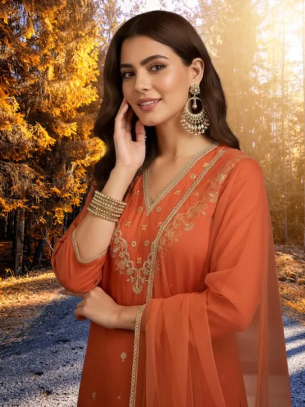 Orange_Cotton_Embroidered_Kurta_Set_For_Women