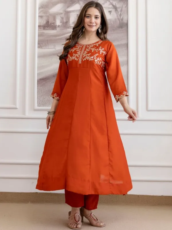 Orange_Cotton_Embroidered_Anarkali_Kurta_Set_For_Women