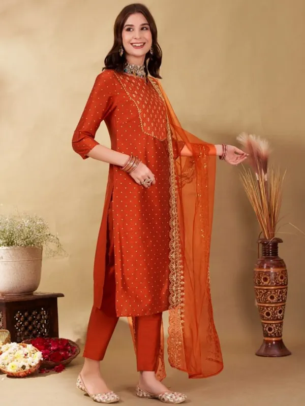 Rust_Orange_Cotton_Embroidered_Kurta_Set_With_Dupatta_For_Women