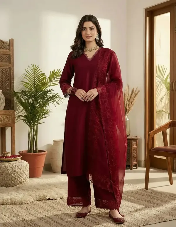 Maroon_Cotton_Embroidered_Kurta_Set_For_Women
