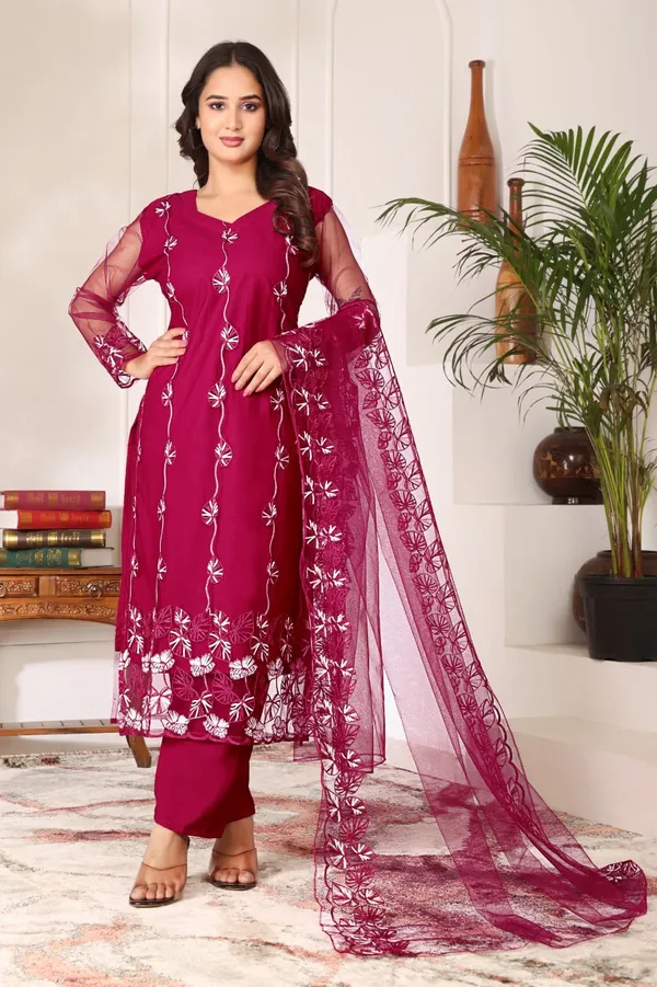 Maroon_Cotton_Embroidered_Kurta_Set_With_Dupatta_For_Women