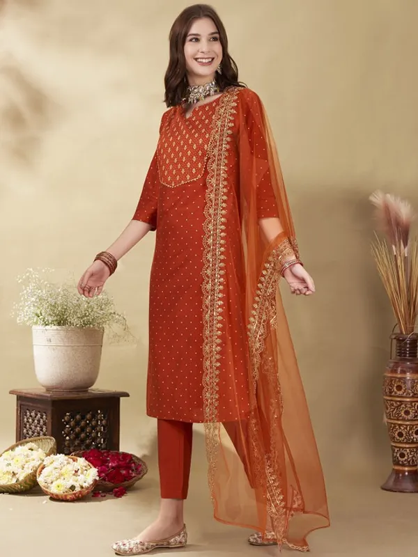 Rust_Orange_Cotton_Embroidered_Kurta_Set_With_Dupatta_For_Women