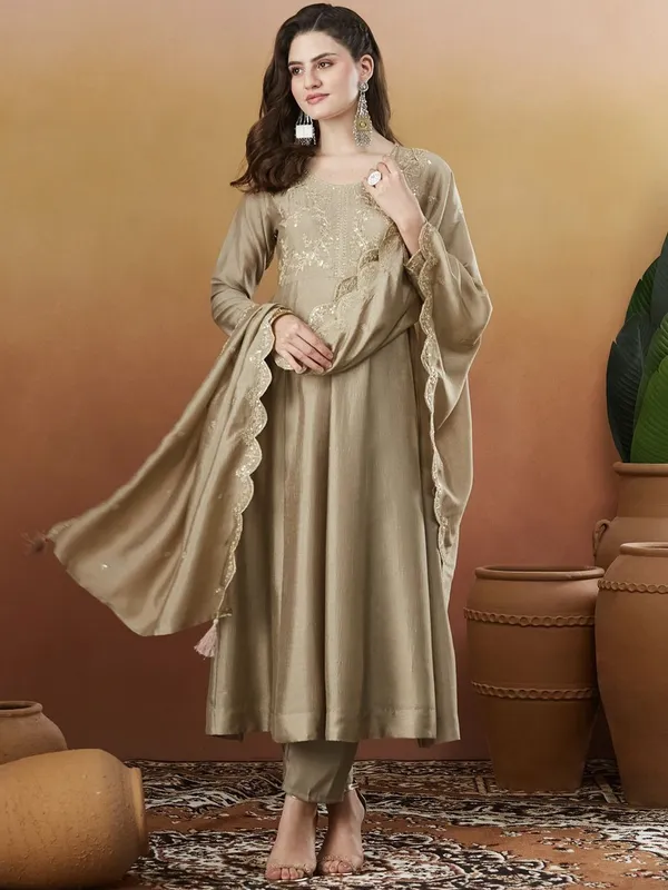 Beige_Cotton_Anarkali_Kurta_Set_With_Dupatta_For_Women