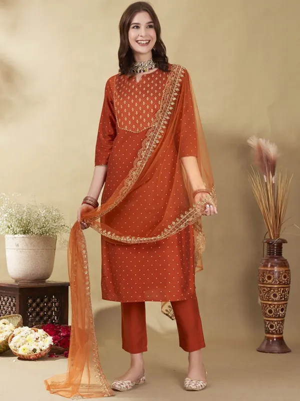 Rust_Orange_Cotton_Embroidered_Kurta_Set_With_Dupatta_For_Women