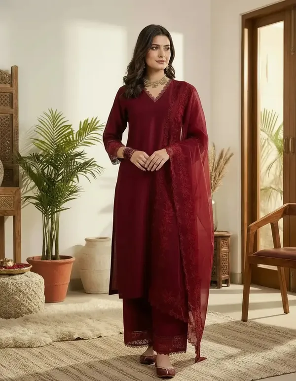 Maroon_Cotton_Embroidered_Kurta_Set_For_Women