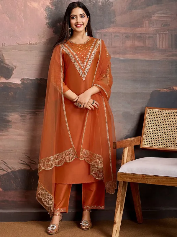 Orange_Cotton_Embroidered_Kurta_Set_For_Women