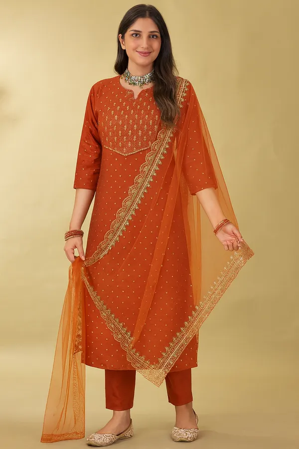Rust_Orange_Cotton_Embroidered_Kurta_Set_With_Dupatta_For_Women