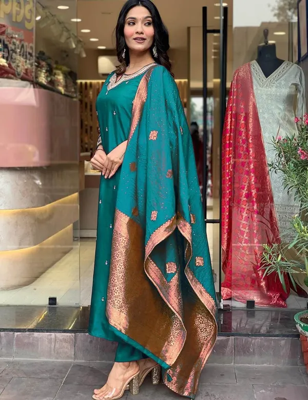 Teal_Green_Cotton_Embellished_Straight_Kurta_Set_For_Women