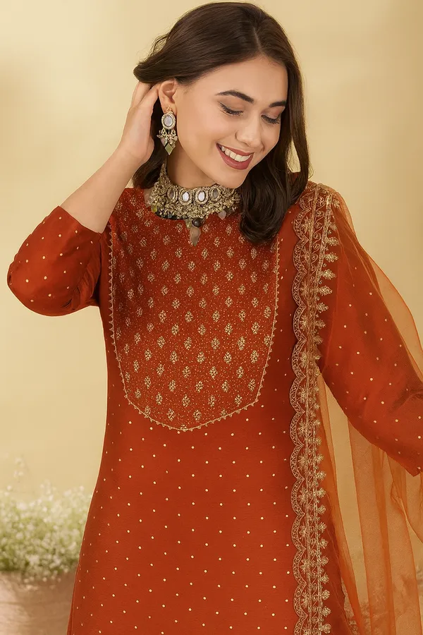 Rust_Orange_Cotton_Embroidered_Kurta_Set_With_Dupatta_For_Women