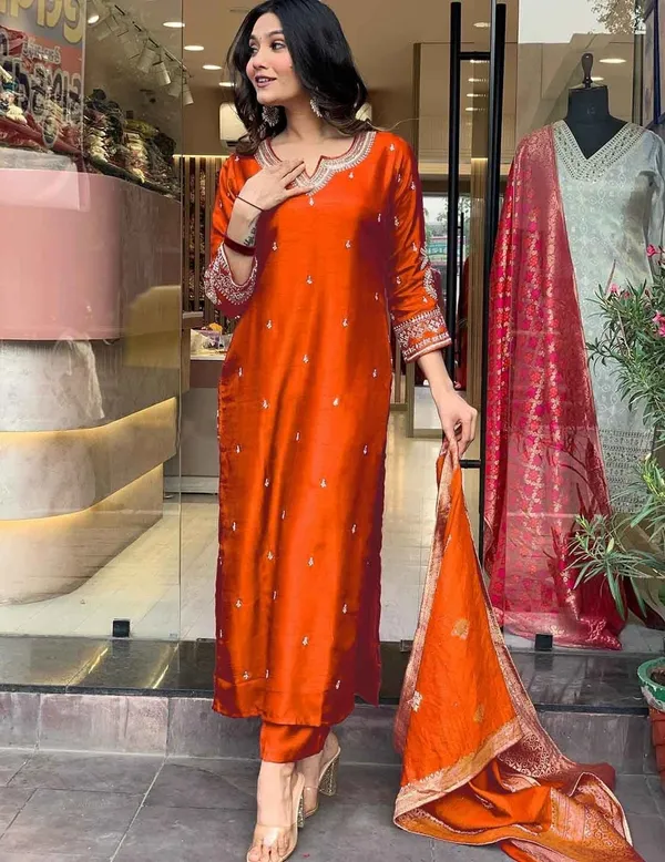 Orange_Cotton_Embellished_Kurta_Set_For_Women