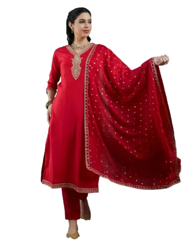 Red_Cotton_Embroidered_Kurta_Set_For_Women