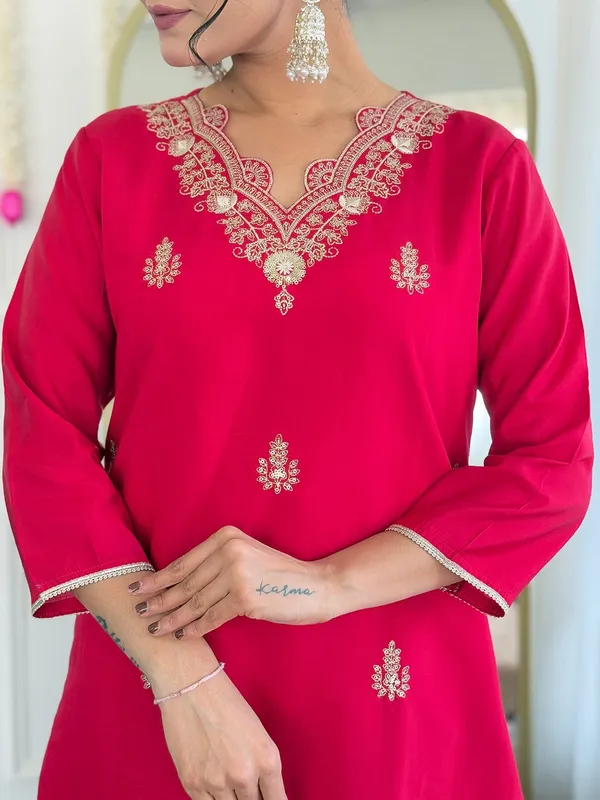 Red_Cotton_Straight_Embroidered_Kurta_Set_For_Women
