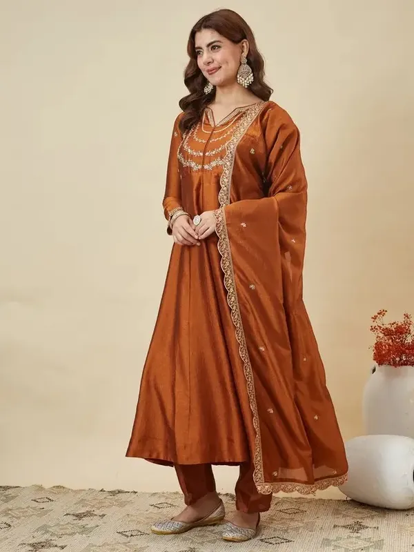Rust_Orange_Cotton_Embroidered_Anarkali_Kurta_Set_For_Women