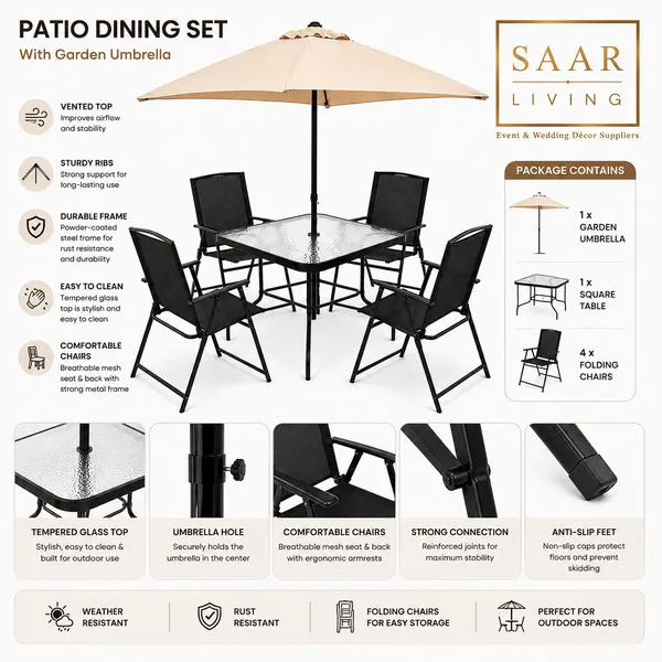 SAAR_LIVING_Outdoor_Patio_Dining_Set_with_1_Umbrella_|_4_Chairs_&_1_Table_|_Garden,_Balcony,_Terrace_&_Outdoor_Furniture_Set_for_Home,_Cafe_&_Restaurant