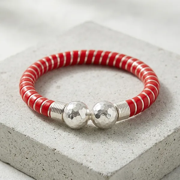 Red_Silver_Heishi_Beaded_Hammered_Accent_Cuff_Bracelet_For_Women