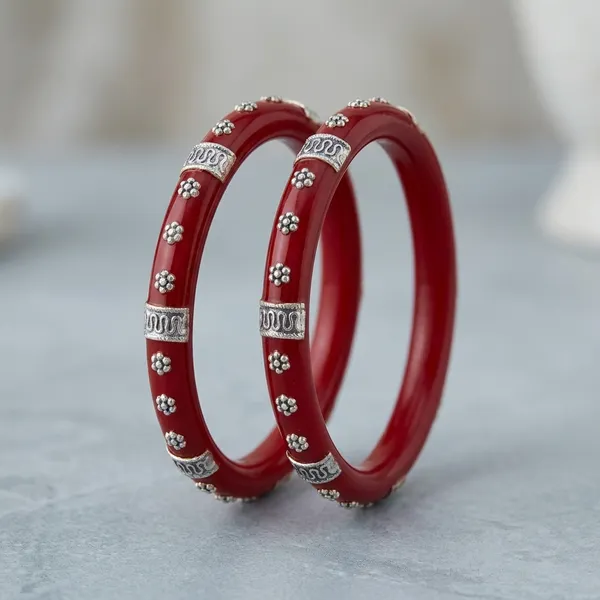 Red_Metal_Enamel_Silver_Embellished_Bangle_Set_For_Women