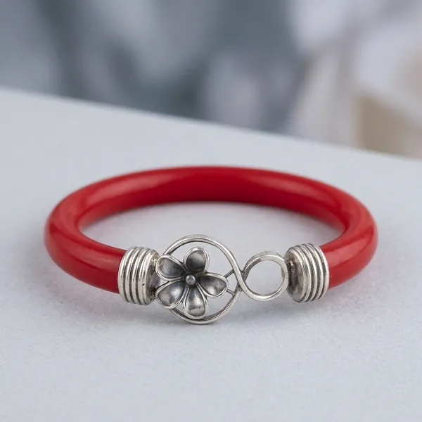 Red_Rubber_Flower_Clasp_Adjustable_Cuff_Bracelet_For_Women