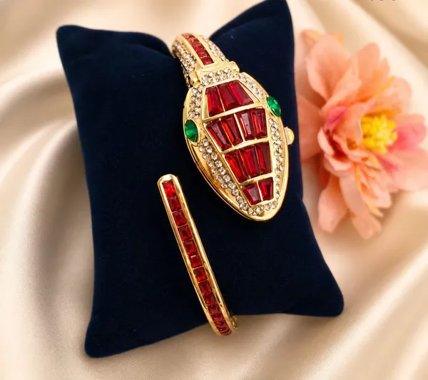 Red_Studded_Snake_Bracelet_Watch_With_Gold_Finish