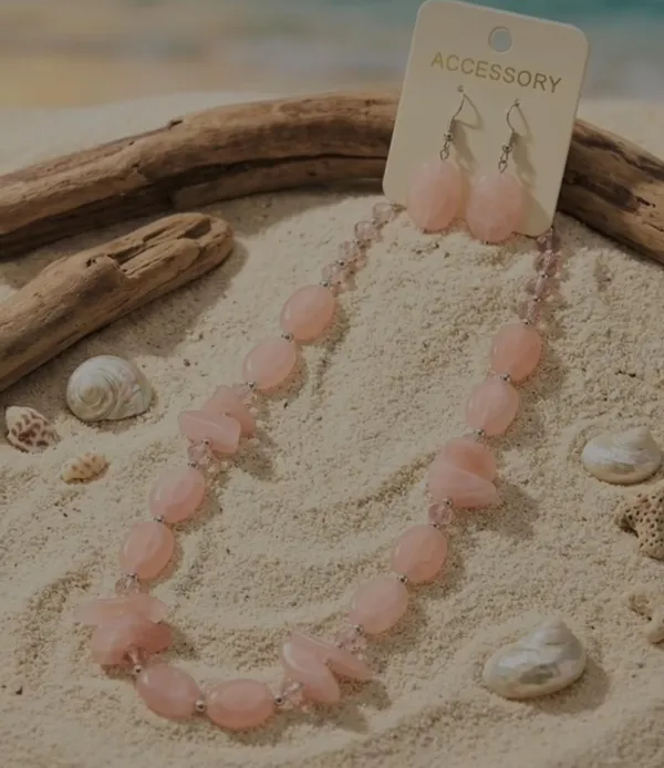 Pink_Beaded_Necklace_And_Earring_Set_Beach_Style_Jewelry