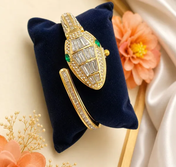 Gold_Plated_Snake_Shaped_Crystal_Bracelet_Watch_With_Green_Accents