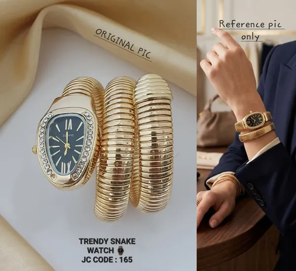 Trendy_Snake_Watch_Gold_Toned_Flexible_Spiral_Bracelet_Watch_With_Black_Dial