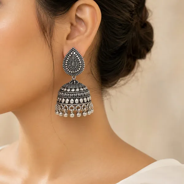 Oxidised_Silver_Paisley_Jhumka_Earrings