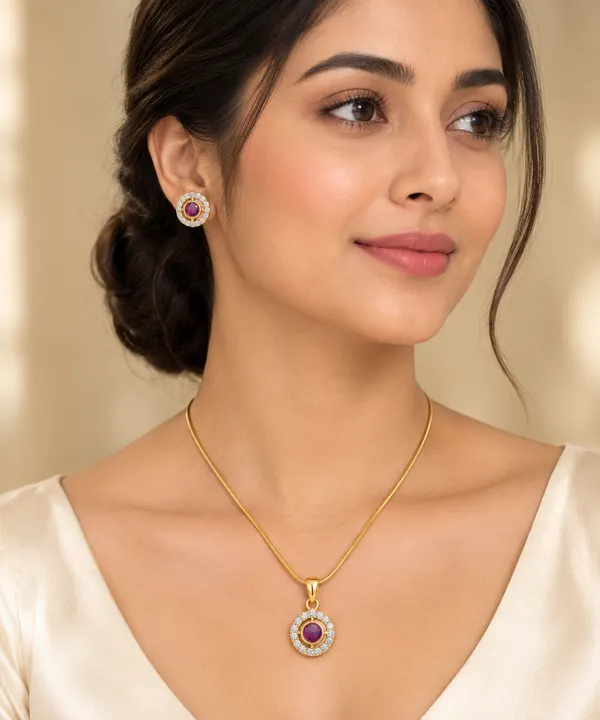 Round_Ruby_Pendant_Set_with_Matching_Stud_Earrings_&_Gold_Snake_Chain