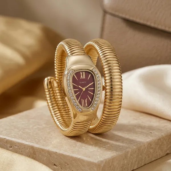Trendy_Snake_Coil_Watch_Gold_Toned_Bracelet_Style_Wrist_Watch_With_Crystal_Embellishments