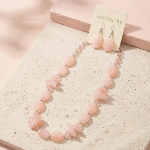 Pink_Beaded_Necklace_And_Earring_Set_Beach_Style_Jewelry