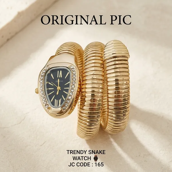 Trendy_Snake_Watch_Gold_Toned_Flexible_Spiral_Bracelet_Watch_With_Black_Dial
