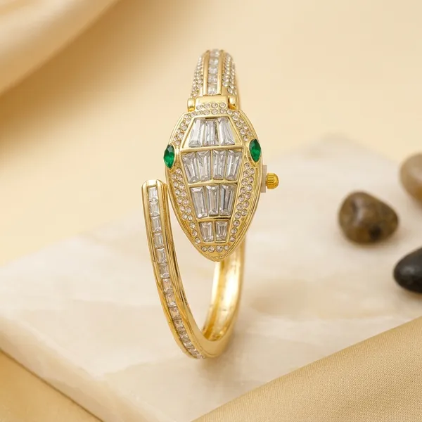 Gold_Plated_Snake_Shaped_Crystal_Bracelet_Watch_With_Green_Accents