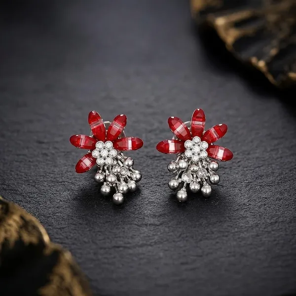 Red_&_White_Crystal_Flower_Stud_Earrings_With_Silver_Finish