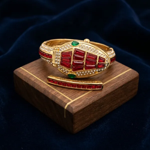 Red_Studded_Snake_Bracelet_Watch_With_Gold_Finish
