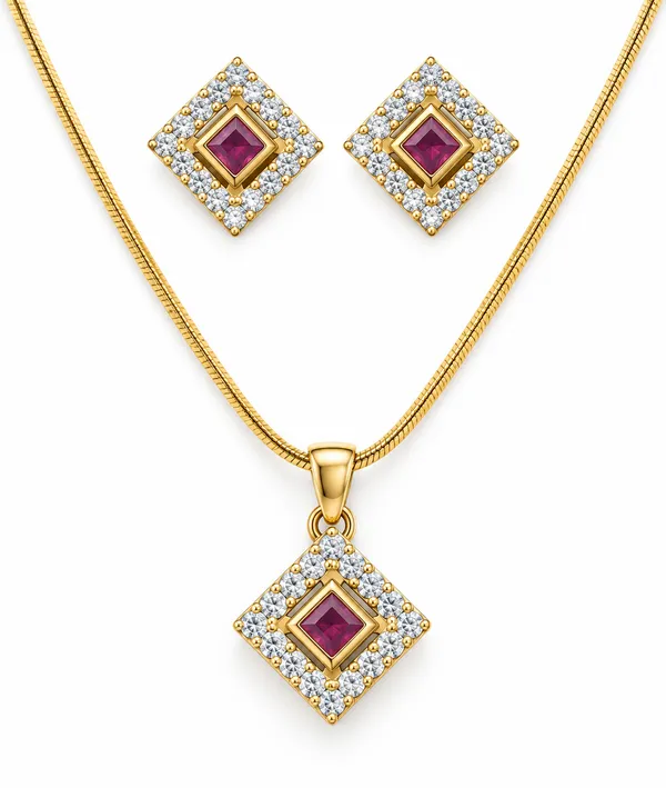 Square_Ruby_Pendant_Set_with_Matching_Stud_Earrings_&_Gold_Snake_Chain
