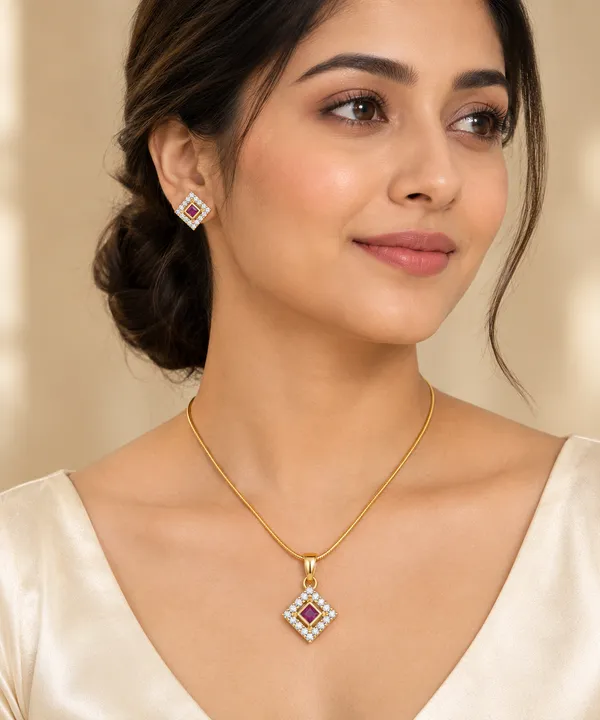 Square_Ruby_Pendant_Set_with_Matching_Stud_Earrings_&_Gold_Snake_Chain