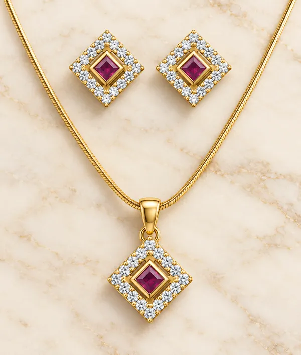 Square_Ruby_Pendant_Set_with_Matching_Stud_Earrings_&_Gold_Snake_Chain